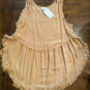Umgee Linen Blend Top LARGE Scoop Neck Frayed Ruffle High Low Sleeveless Cotton